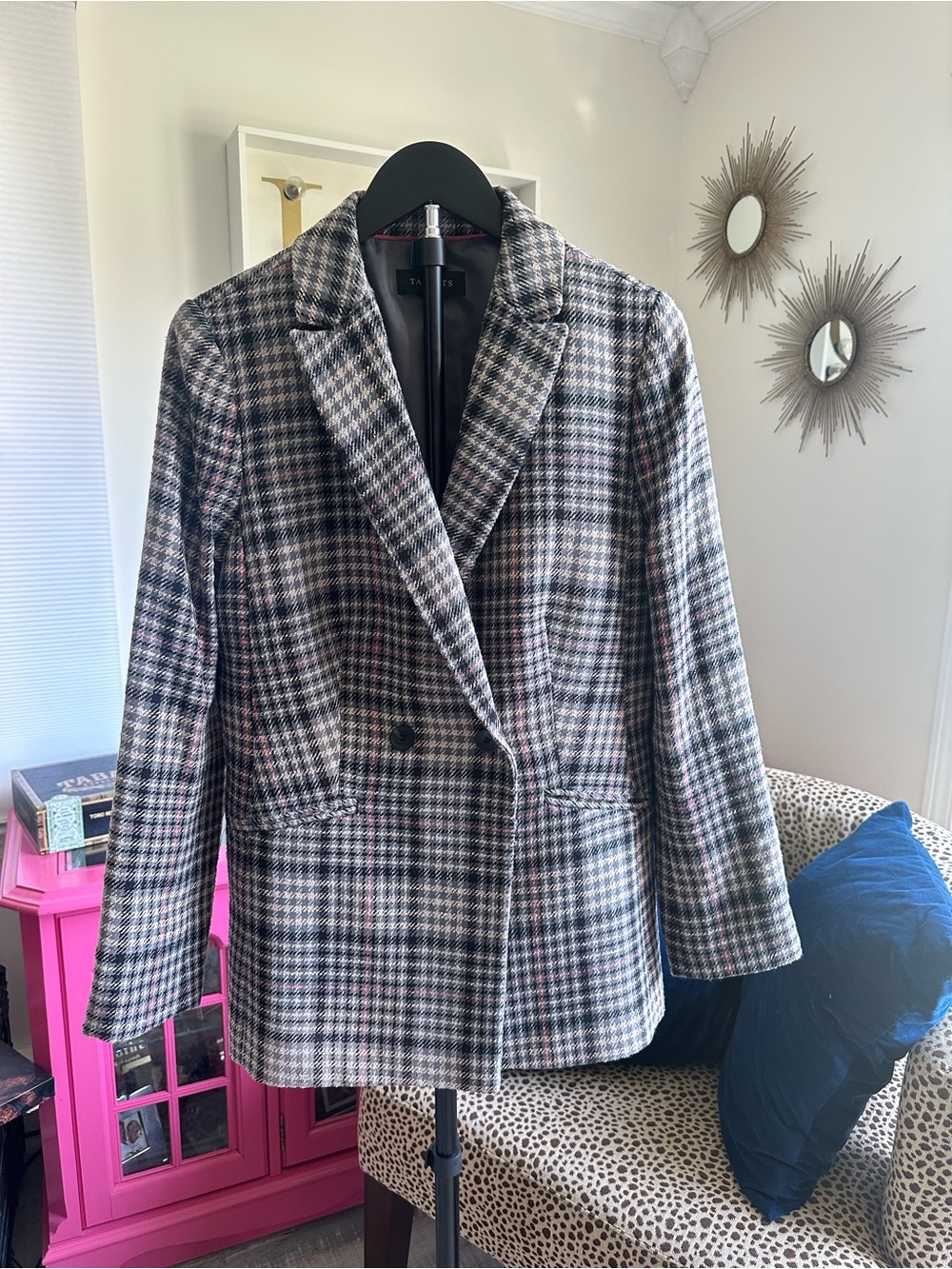 Talbots Checked Cotton Poly Blend Blazer Jacket - Gray/Pink